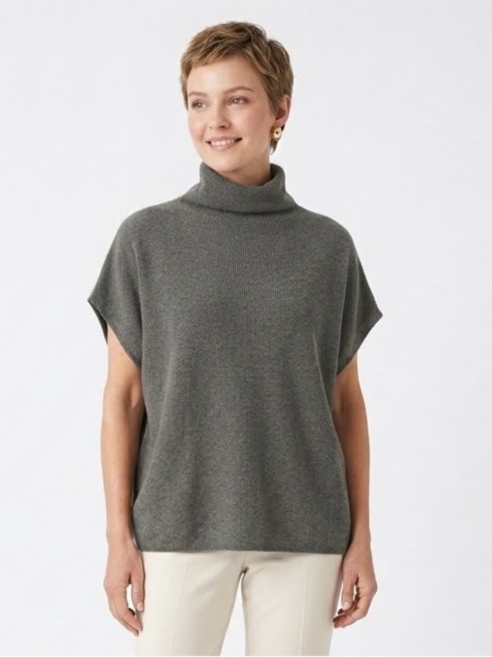 Tahari Pure Luxe 100% Cashmere Turtleneck Poncho Sweater Sage Green Quiet Luxury